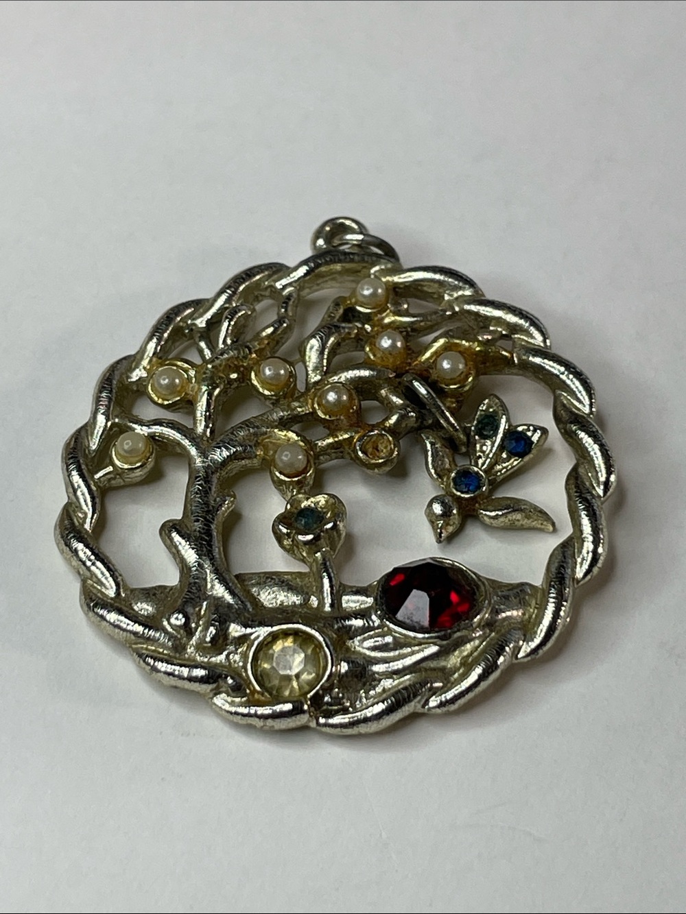 Vintage "Tree of Life" Pendent Small Faux Pearls, a Bird & Colored Rhinestones